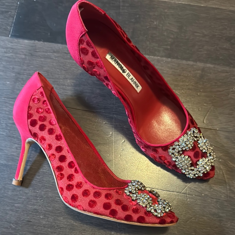 Manolo Blahnik Hangisi Red  Polka Dot Jewel Buckle Pumps Size 36.5